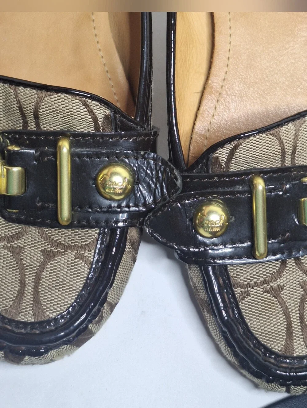 Coach Elkie Loafers Shoes Brown Signature Canvas Patent Leather Size 7 B